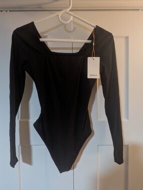 NWT QUINCE Second Skin Square Neck Long Sleeve Bodysuit Black Thong Size Small